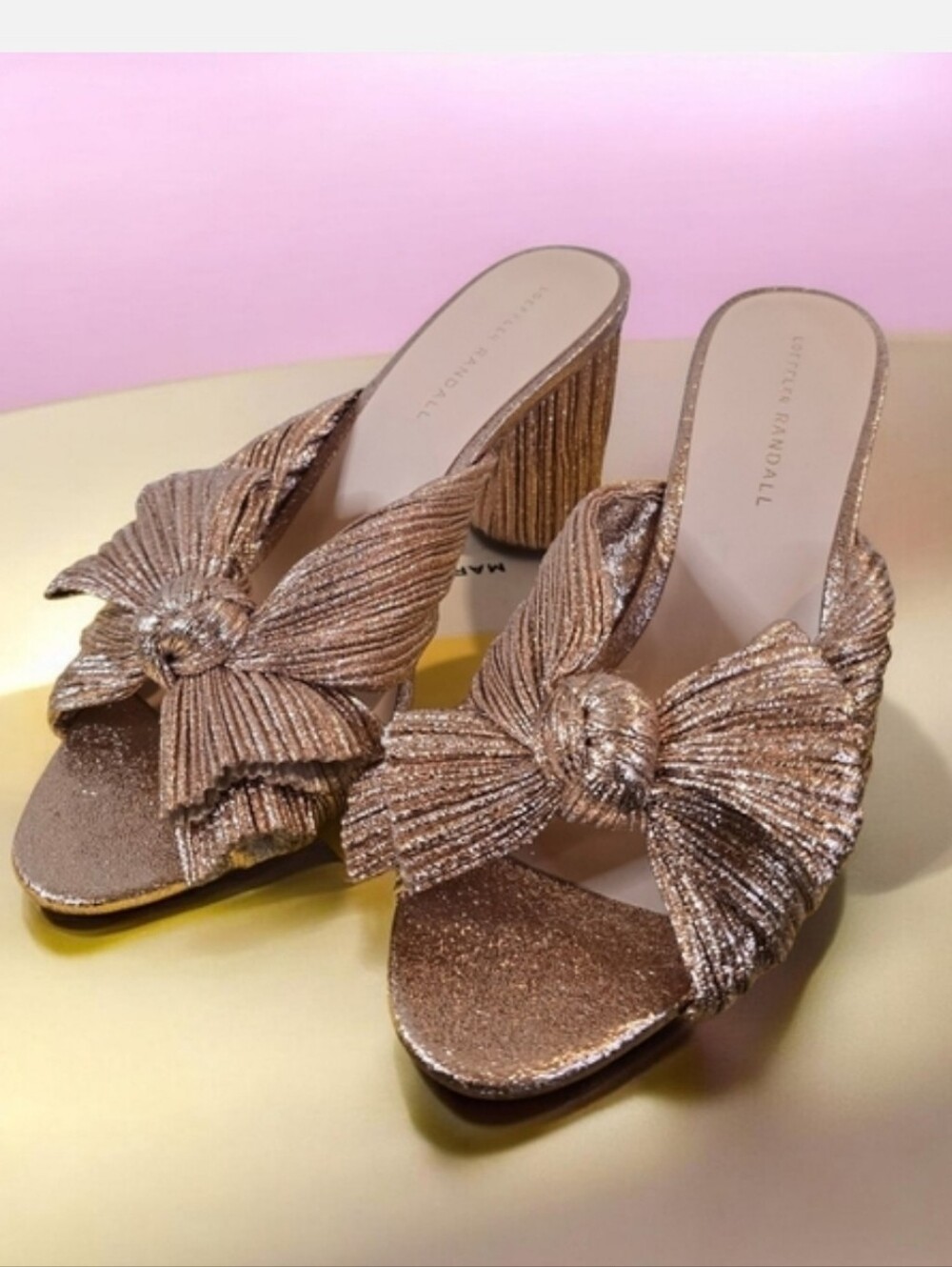 Loeffler Randall Metallic Rose Gold Knotted Bow Block Heels